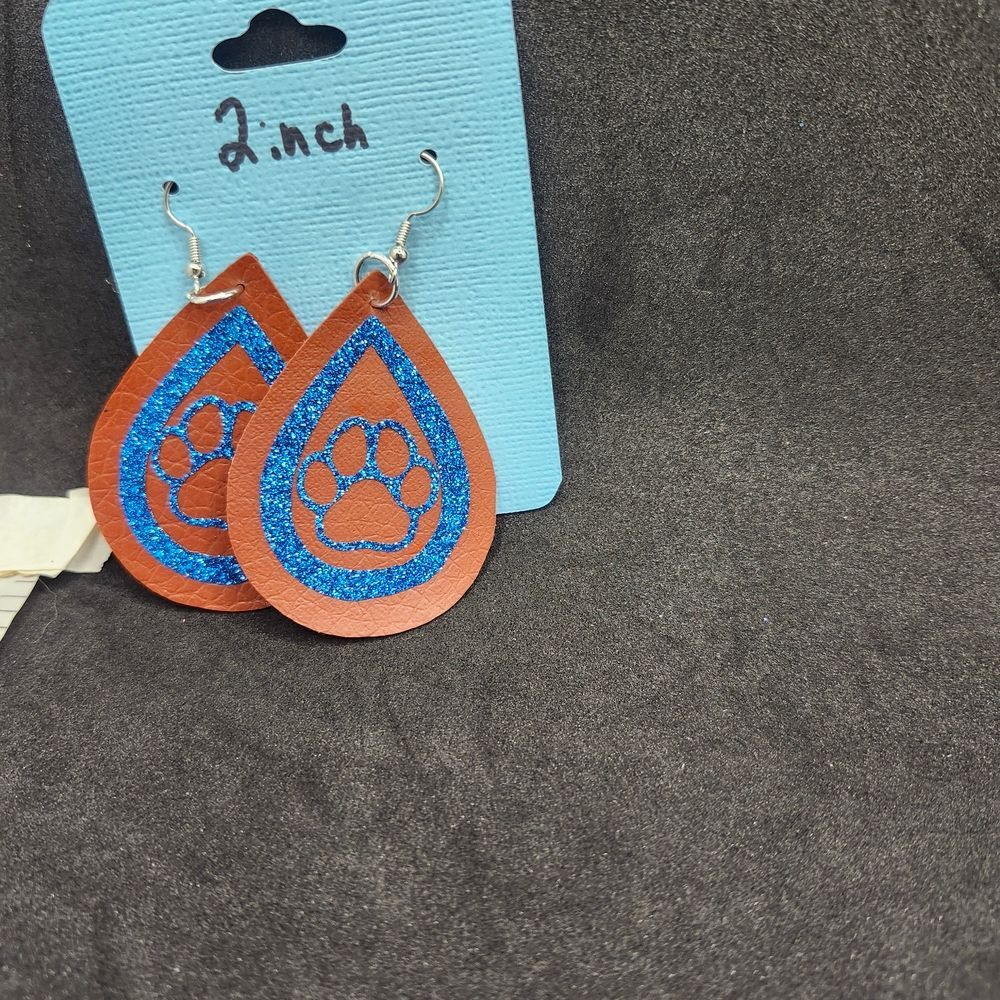 Hand Crafted Earring Faux Leather Brown and Blue Paw Print